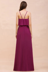 Stylish Spaghetti Straps Mulberry Chiffon Bridesmaid Dress with Ruffles-27dress